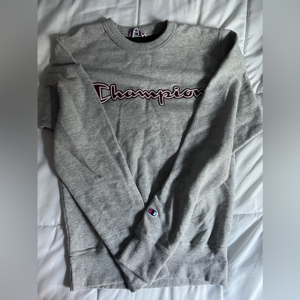 Small Gray Champion Crewneck with Maroon Letters